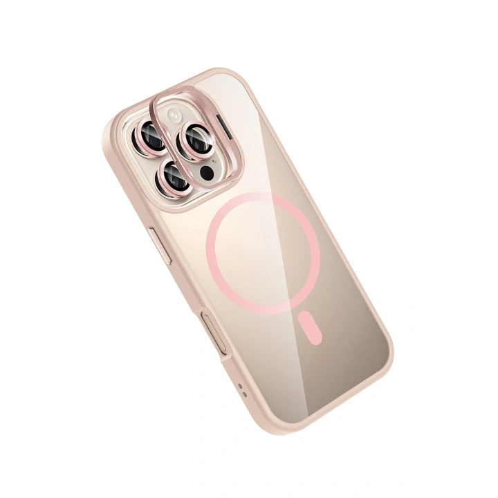 BFS  Apple iPhone 16 Pro Max Remim Lensli Magsafe Standlı Kapak - Pembe