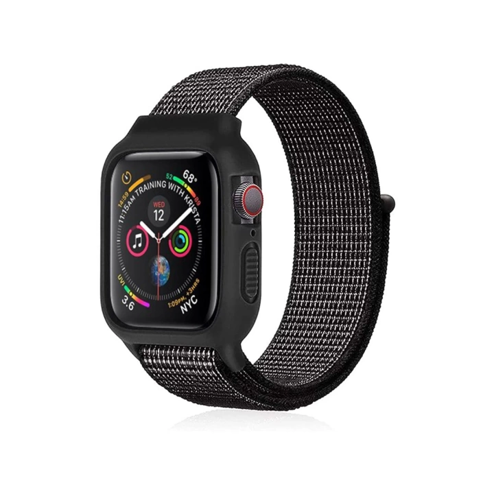 BFS  Apple Watch 38mm Hasırlı Cırtcırtlı Kasalı Kordon - Benekli Siyah
