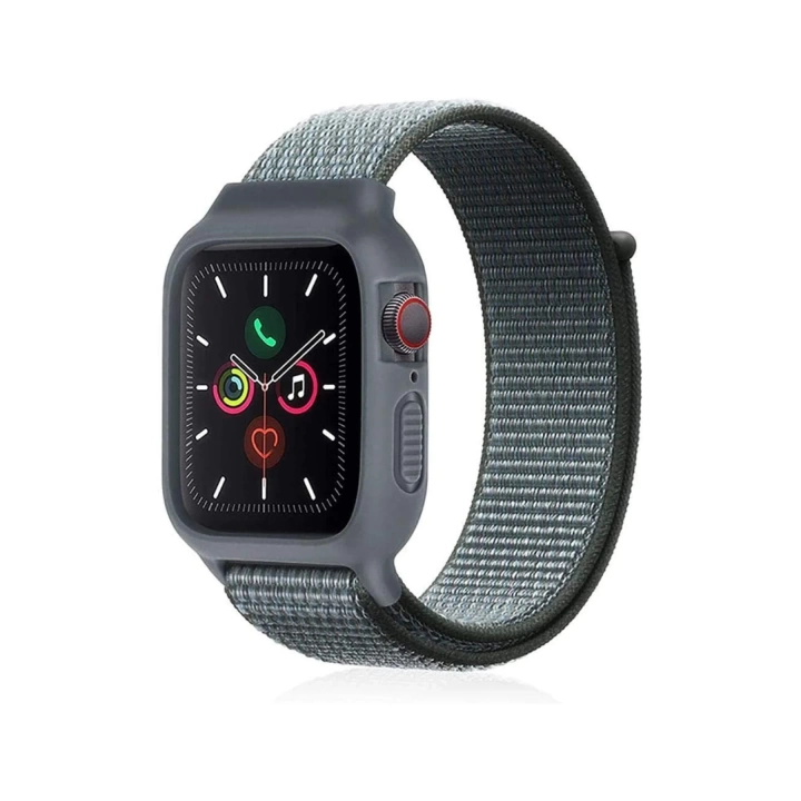 BFS  Apple Watch 38mm Hasırlı Cırtcırtlı Kasalı Kordon - Gri-Turkuaz