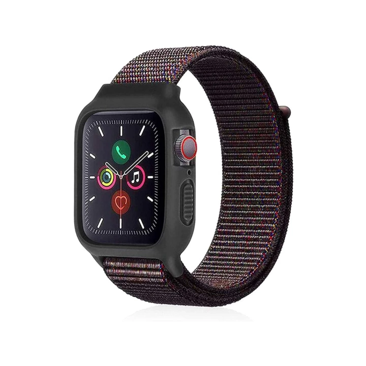 BFS  Apple Watch 38mm Hasırlı Cırtcırtlı Kasalı Kordon - Siyah-Mavi