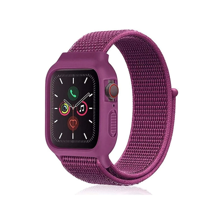 BFS  Apple Watch 42mm Hasırlı Cırtcırtlı Kasalı Kordon - Fuşya