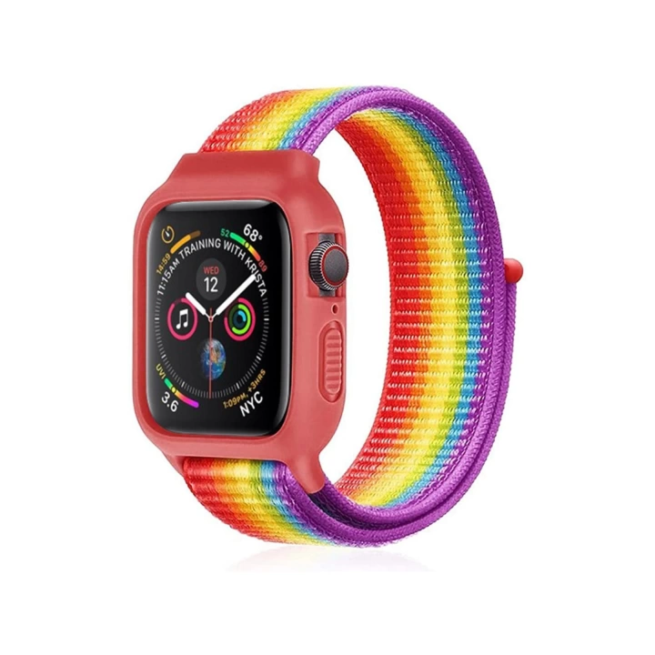 BFS  Apple Watch 42mm Hasırlı Cırtcırtlı Kasalı Kordon - Gökkuşağı