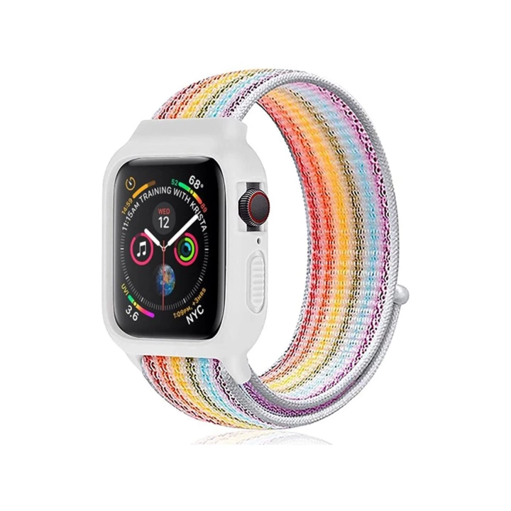BFS  Apple Watch 42mm Hasırlı Cırtcırtlı Kasalı Kordon - Gökkuşağı 2