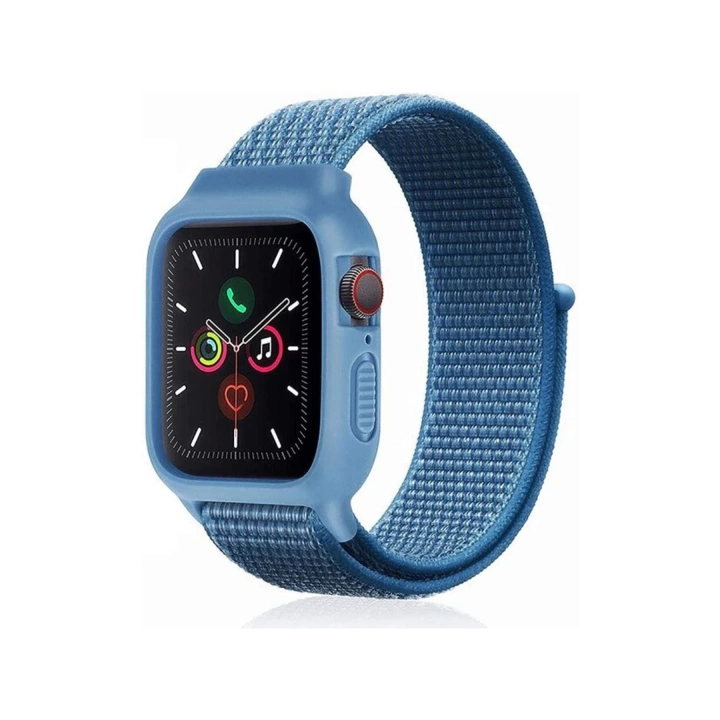 BFS  Apple Watch 42mm Hasırlı Cırtcırtlı Kasalı Kordon - Mavi