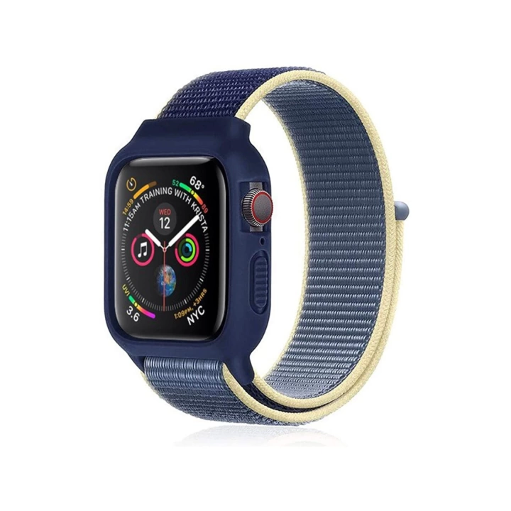BFS  Apple Watch 42mm Hasırlı Cırtcırtlı Kasalı Kordon - Sarı-Lacivert