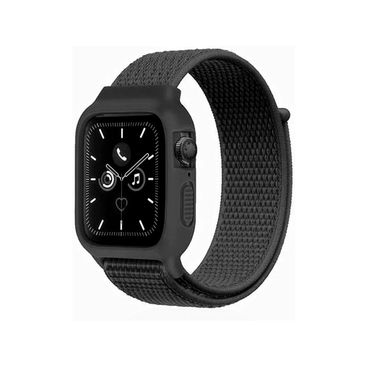 BFS  Apple Watch 42mm Hasırlı Cırtcırtlı Kasalı Kordon - Siyah