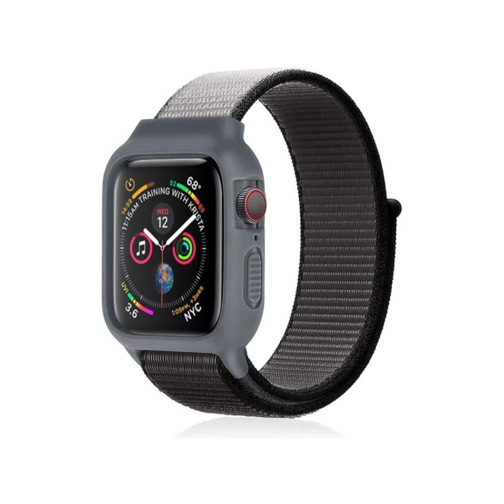 BFS  Apple Watch 42mm Hasırlı Cırtcırtlı Kasalı Kordon - Siyah-Gri