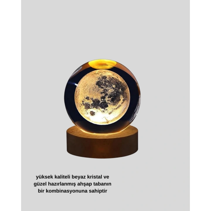 BFS Ay Figürlü 3D Kristal Küre LED Gece Lambası Ahşap Standlı Dekoratif Lamba