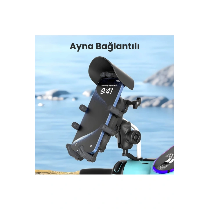 BFS Ayna Bağlantılı Güneş Ve Yağmur Korumalı 360° Derece Ayarlanabilir Motosiklet Telefon Tutucu