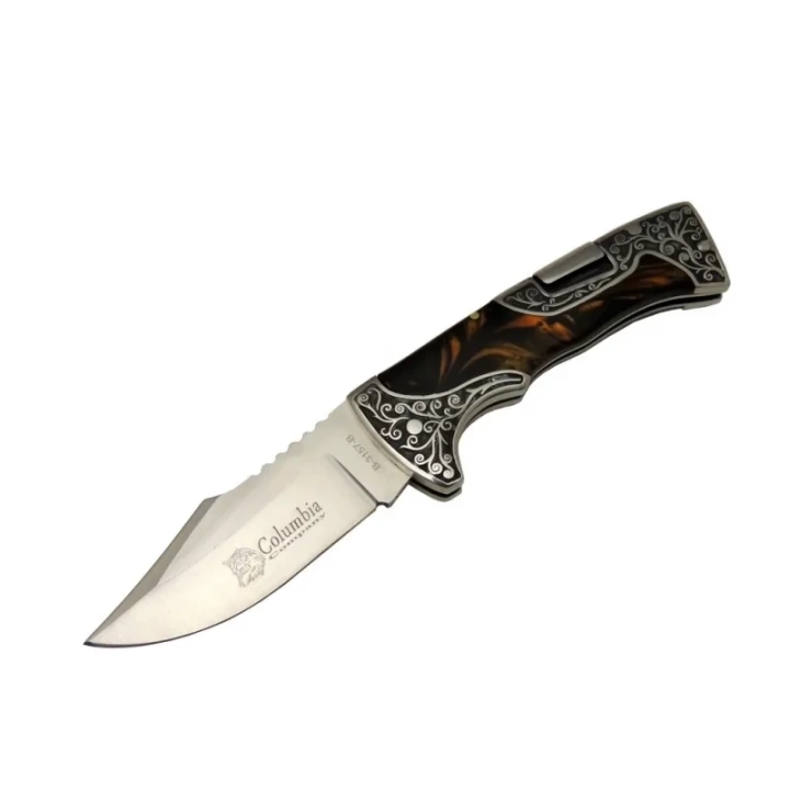 BFS B3157b İşlemeli Kamp Çakı 22 Cm - Kahverengi Sedef Saplı, Manuel Açılma