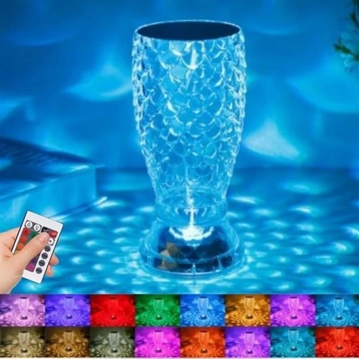 BFS  Balık Süzgeç Model USB Şarjlı Kumandalı 16Farklı Işık Modlu Masa Üstü Kristal Akrilik Led