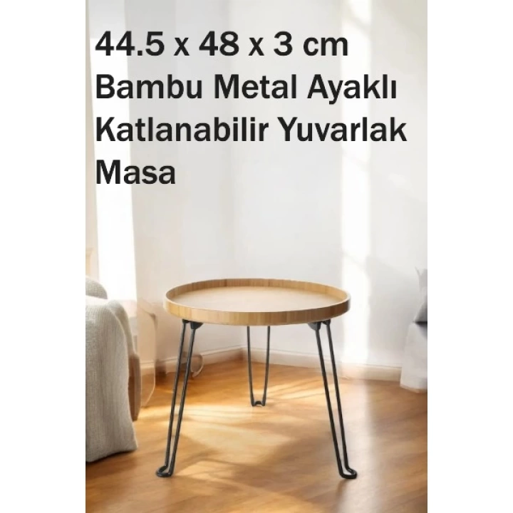 BFS Bambu Metal Ayaklı Katlanabilir Yuvarlak Masa - 44.5 x 48 x 3 cm