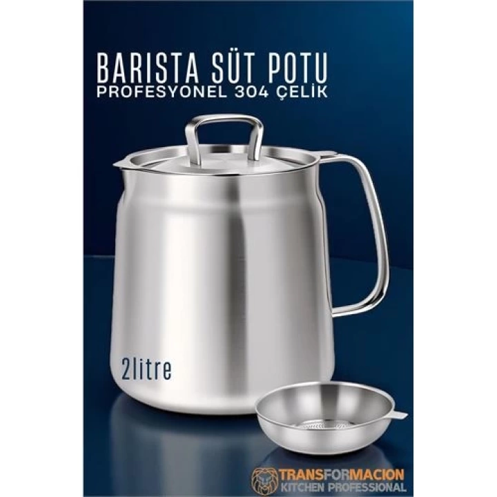 BFS  Barista Süt Potu- Filtreli Çok Amaçlı Pot - Yağ Filtresi Profesyonel 304 Paslanmaz Çelik