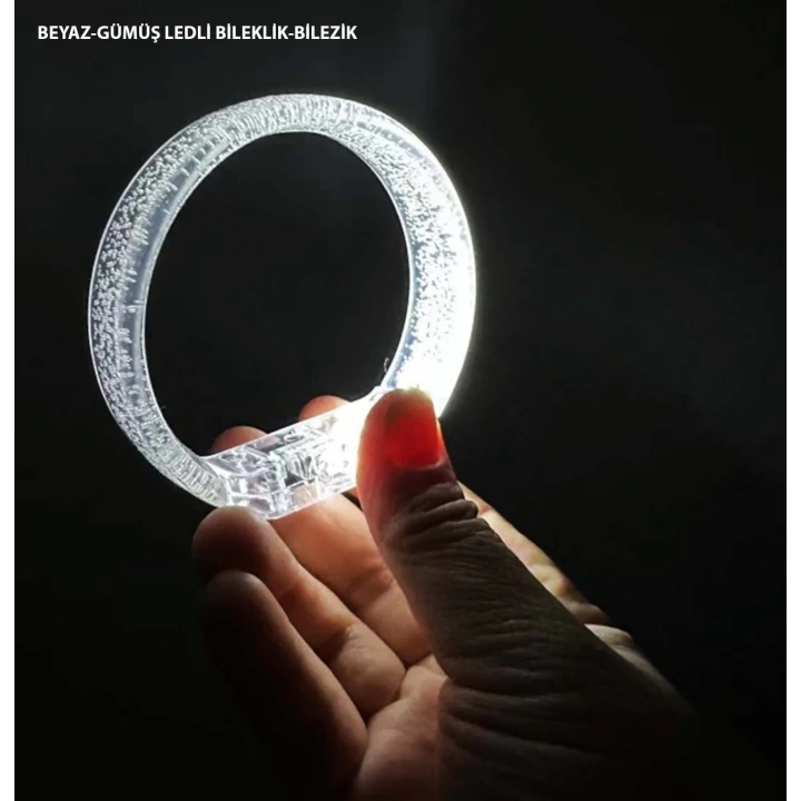 BFS Beyaz-gümüş Led Işıklı Baskı Yapılabilen Pilli Bileklik Bilezik 1,5 Cm Genişlik
