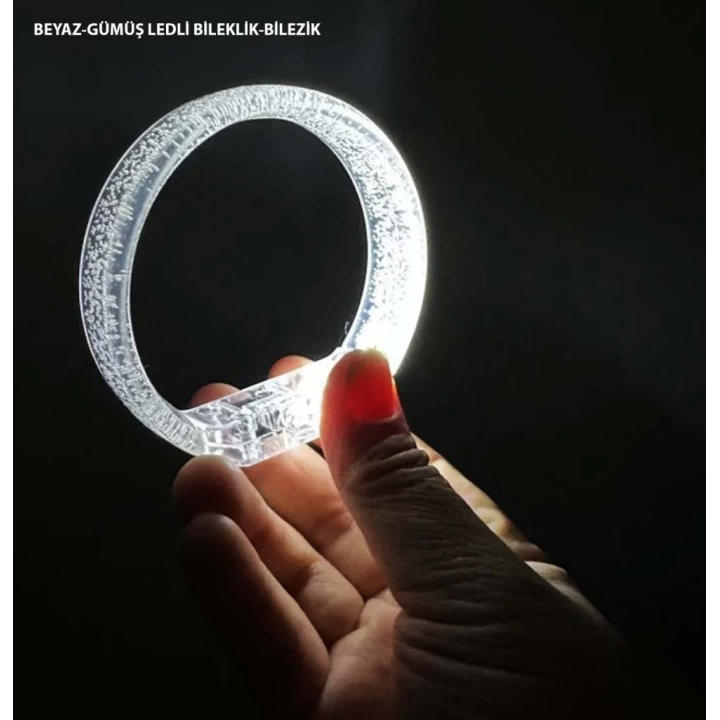 BFS  Beyaz-Gümüş Led Işıklı Baskı Yapılabilen Pilli Bileklik Bilezik 1,5 cm Genişlik
