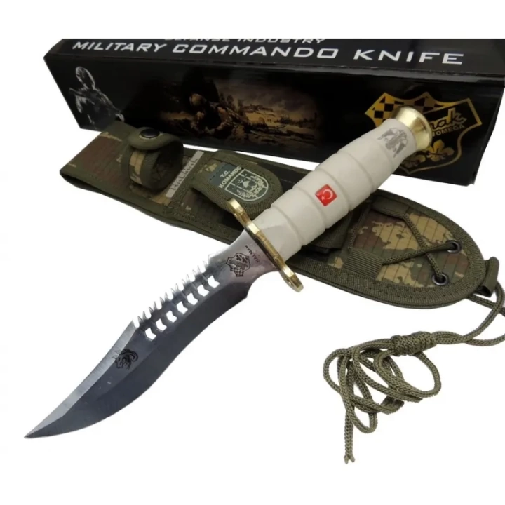 BFS Beyaz Kurt Tırtıklı Oluklu Komando Bıçağı 30 Cm - Kamuflaj Kılıflı