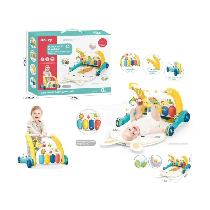 BFS  BIB6015 -Vardem Piyanolu 2 in 1 Bebek Yürüteci ve Tavşan Desenli Mavi Oyun Halısı