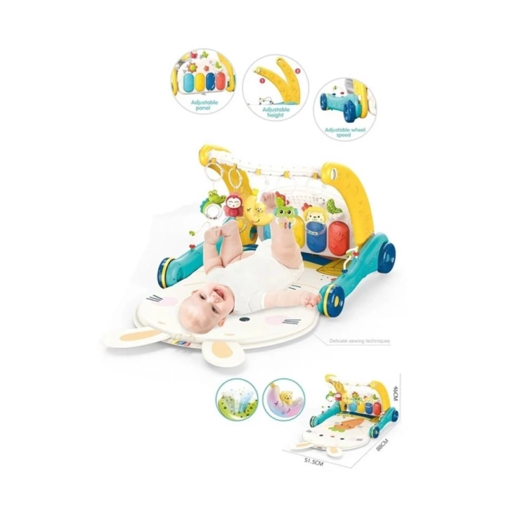 BFS  BIB6015 -Vardem Piyanolu 2 in 1 Bebek Yürüteci ve Tavşan Desenli Mavi Oyun Halısı