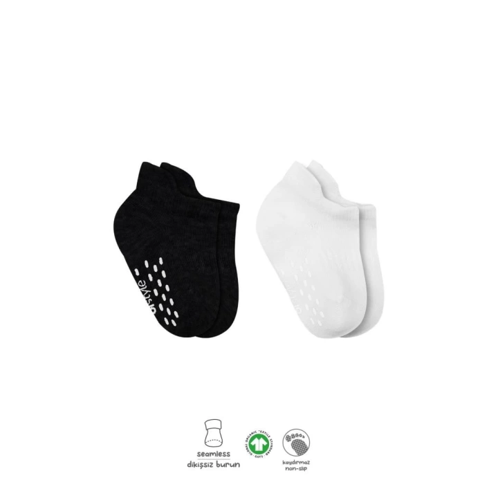BFS  Bistyle 2Li Sneakers Kaymaz Basic Penye Çorap BS20103 Siyah Ekru
