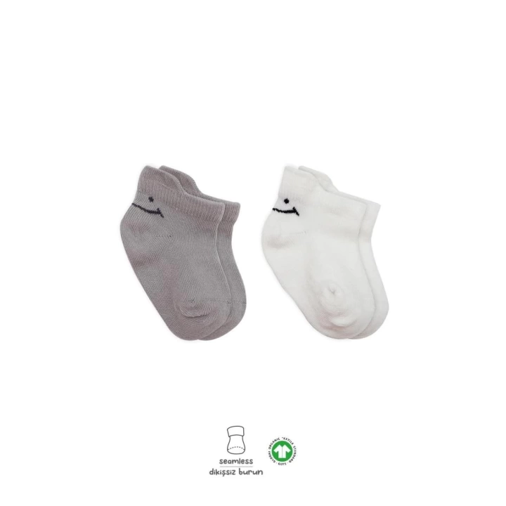BFS   Bistyle 2Li Sneakers Smile Penye Çorap BS20106 Gri Ekru