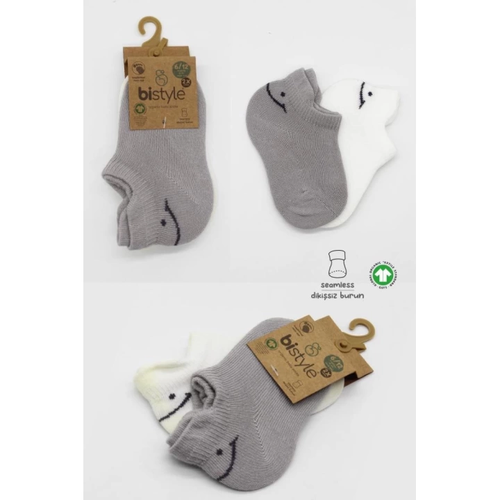 BFS   Bistyle 2Li Sneakers Smile Penye Çorap BS20106 Gri Ekru