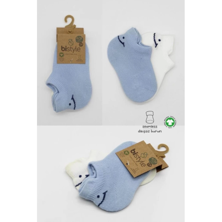 BFS   Bistyle 2Li Sneakers Smile Penye Çorap BS20106 Mavi Ekru