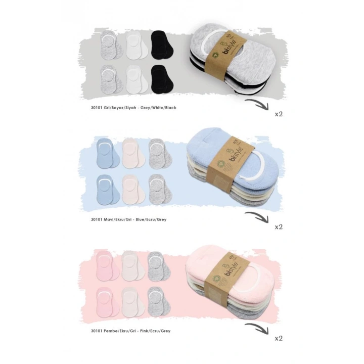 BFS  Bistyle 6Lı Silikonlu Babet Penye Çorap BS30101B Pembe Ekru Gri