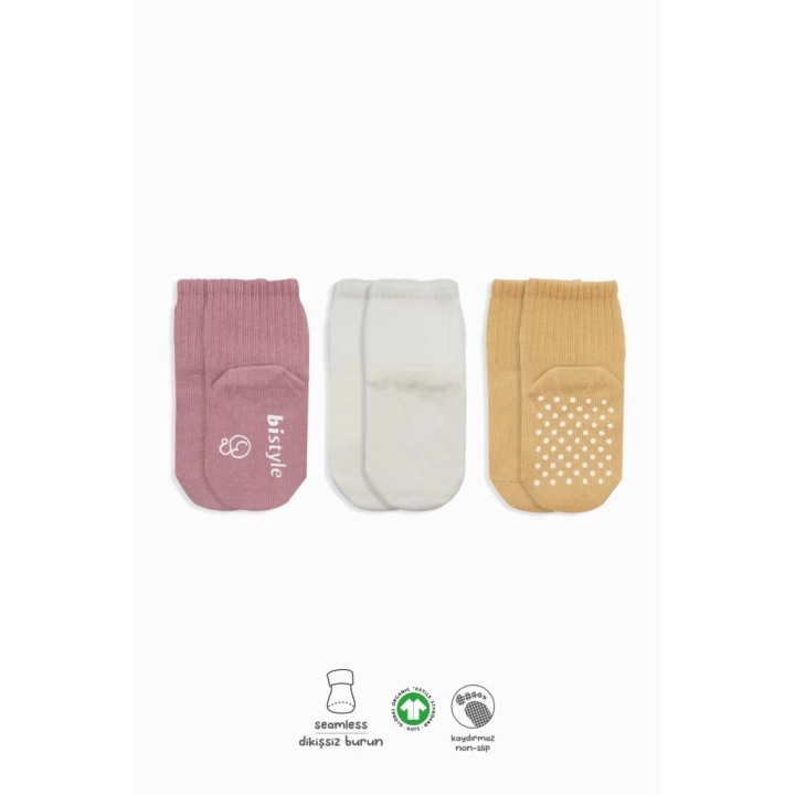 BFS   Bistyle Basic Kaymaz Penye Soket Çorap 3Lü BS10106 Pudra Ekru Somon