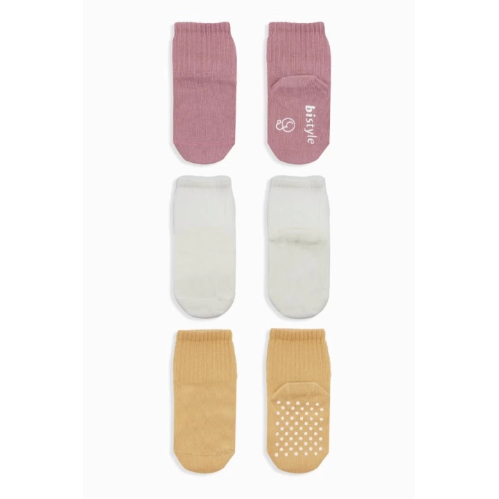 BFS   Bistyle Basic Kaymaz Penye Soket Çorap 3Lü BS10106 Pudra Ekru Somon