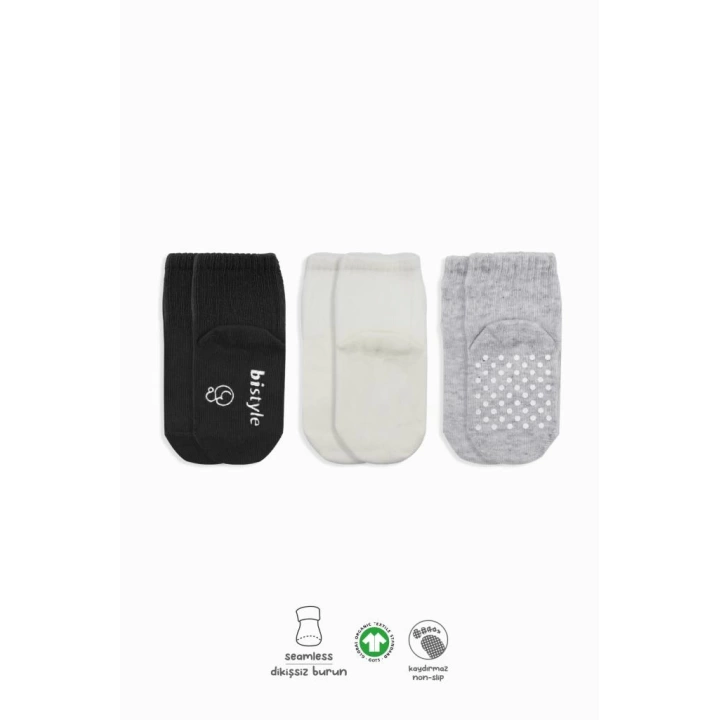 BFS   Bistyle Basic Kaymaz Penye Soket Çorap 3Lü BS10106 Siyah Ekru Gri