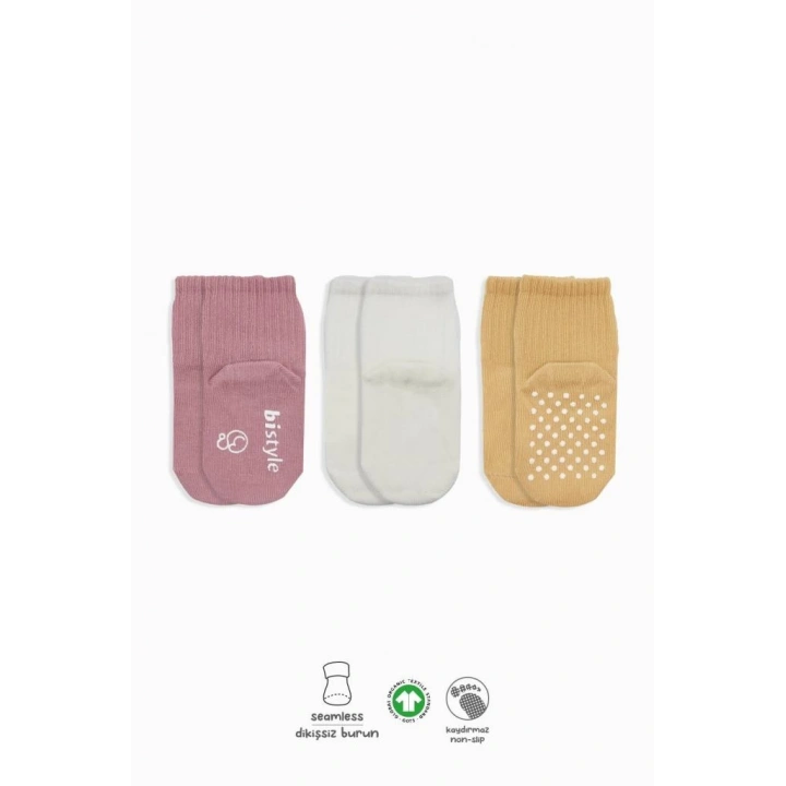 BFS   Bistyle Basic Kaymaz Penye Soket Çorap 3Lü BS10107 Pudra Ekru Somon