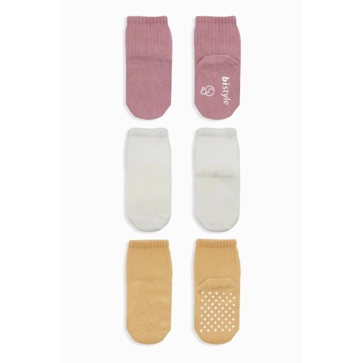 BFS   Bistyle Basic Kaymaz Penye Soket Çorap 3Lü BS10107 Pudra Ekru Somon
