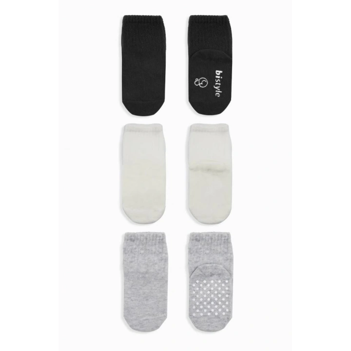 BFS   Bistyle Basic Kaymaz Penye Soket Çorap 3Lü BS10107 Siyah Ekru Gri