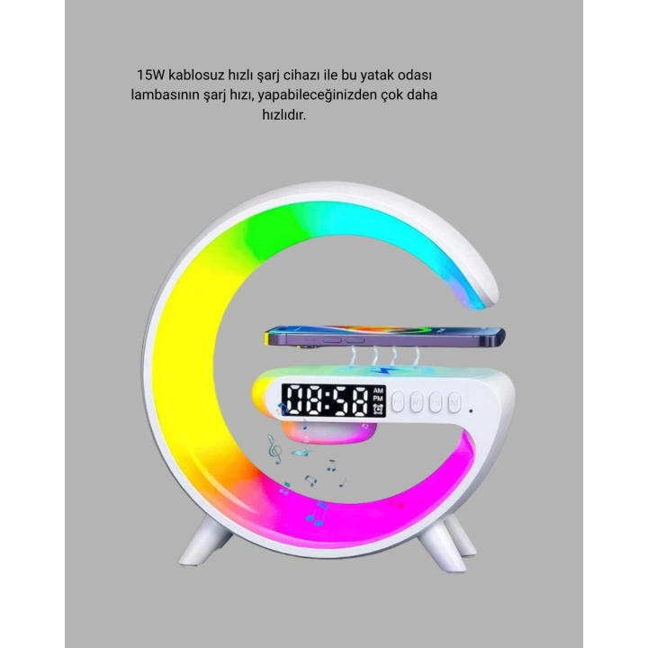 BFS Bluetooth Hoparlörlü RGB Atmosfer Lambası Kablosuz Şarj ve Saat Özellikli