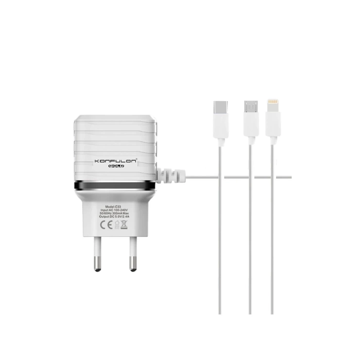 BFS C33 Hızlı Şarj Cihazı 3in1 (Dahili Lightning Kablo iphone Uyumlulu)