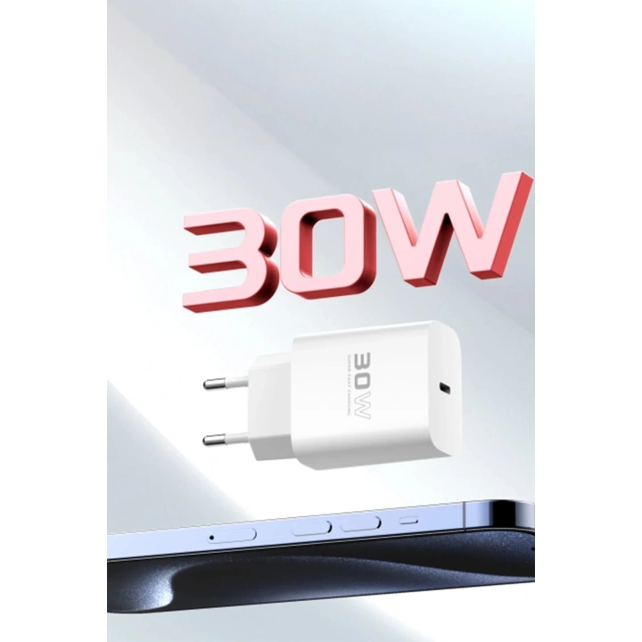BFS  C87C 30W Type-C Çıkışlı Ekstra DL50 1M Type-C to Lightning Kablolu PD Şarj Cihazı - Beyaz
