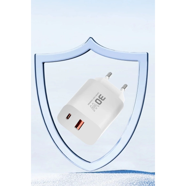 BFS  C89Q 1 Adet 30W Type-C ve 1 Adet 22.5W USB Çıkışlı Ekstra DL48 1M USB to Lightning Kablolu PD Şarj Cihazı - Beyaz