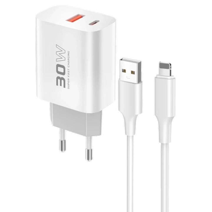 BFS  C89Q 1 Adet 30W Type-C ve 1 Adet 22.5W USB Çıkışlı Ekstra DL48 1M USB to Lightning Kablolu PD Şarj Cihazı - Beyaz