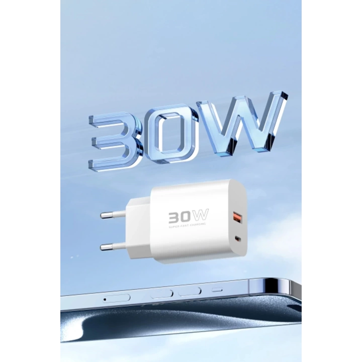 BFS  C89Q 1 Adet 30W Type-C ve 1 Adet 22.5W USB Çıkışlı Ekstra DL48 1M USB to Lightning Kablolu PD Şarj Cihazı - Beyaz