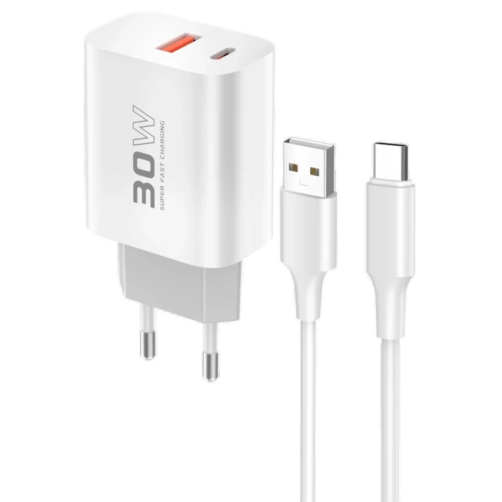 BFS  C89Q 1 Adet 30W Type-C ve 1 Adet 22.5W USB Çıkışlı Ekstra DL49 1M USB to Type-C Kablolu PD Şarj Cihazı - Beyaz