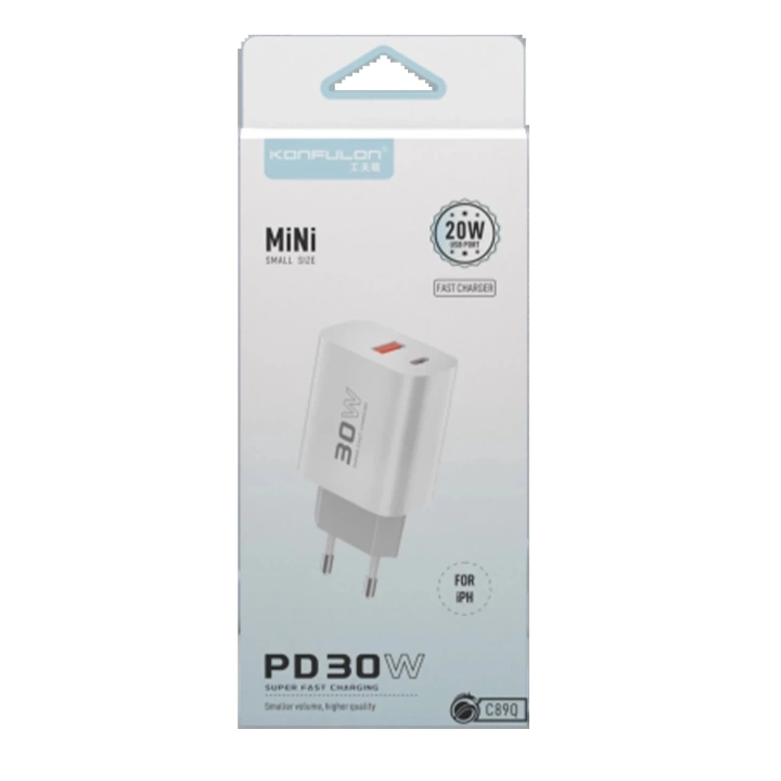 BFS  C89Q 1 Adet 30W Type-C ve 1 Adet 22.5W USB Çıkışlı Ekstra DL49 1M USB to Type-C Kablolu PD Şarj Cihazı - Beyaz