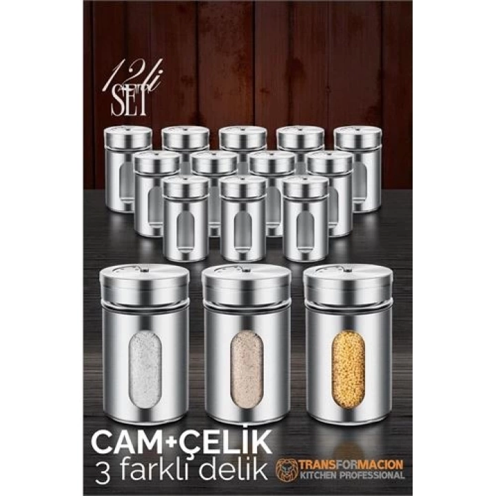 BFS  Cam+Çelik Tuzluk Biberlik Karabiberlik 3 Farklı Delikli 12 li SET