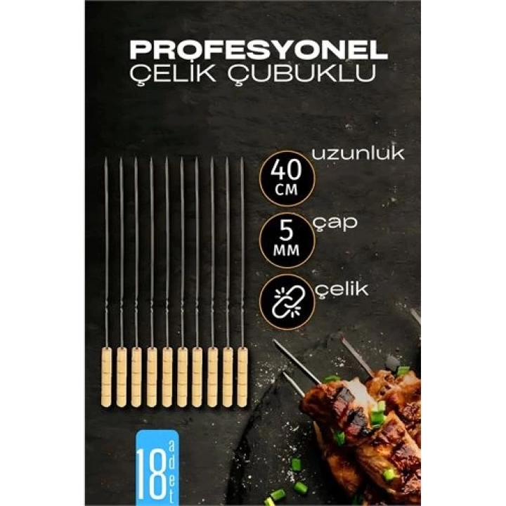 BFS  Çelik Şiş Çubuğu - Mangal Şişi Ahşap Saplı Kebap Şişi  18 Adet