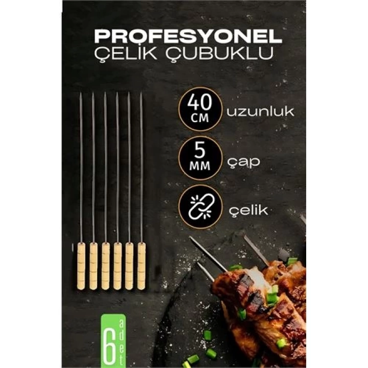 BFS  Çelik Şiş Çubuğu - Mangal Şişi Ahşap Saplı Kebap Şişi  6 Adet