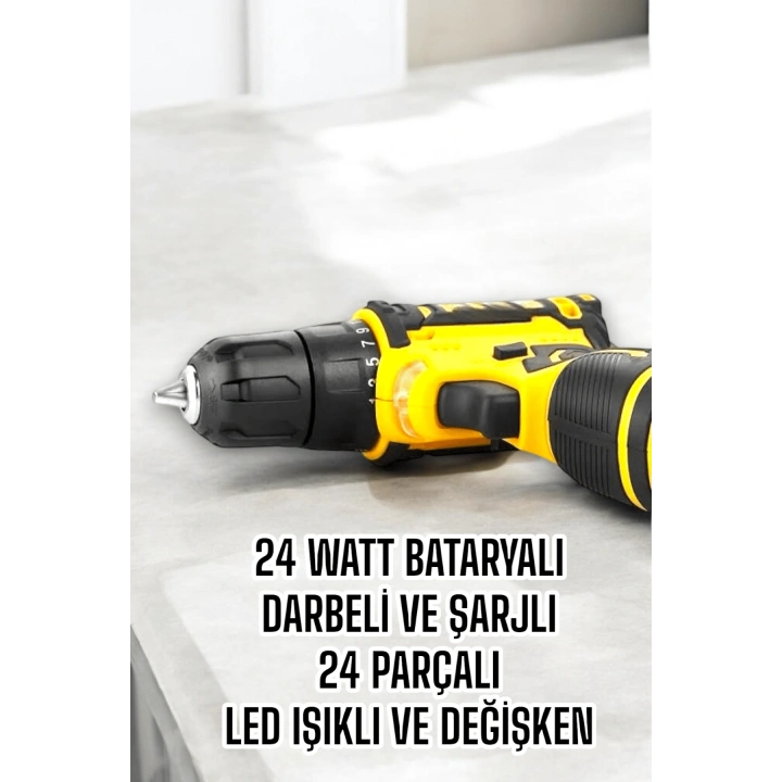 BFS Çift Bataryalı Metal Dişli Darbeli Şarjlı Matkap Seti 24W Güç ve 24 Parça Aksesuar