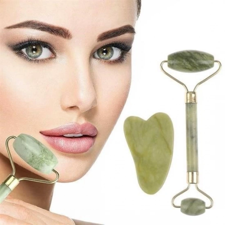 BFS  Çift Taraflı 2li Cilt Yüz Masaj Aleti Jade Roller Yeşim  Taşı Seti