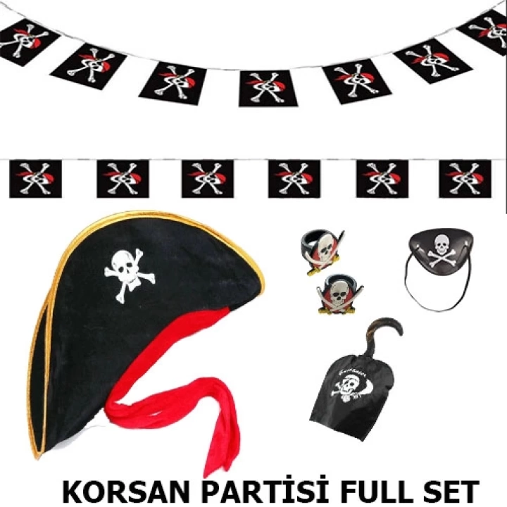 BFS   Çocuk Korsan Şapkası + Kancası + Göz Bandı + 2 Adet Yüzük + Afiş Seti