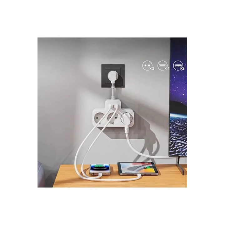 BFS Çoklu Kablolu Priz Yüksek Gerilim Korumalı 3’lü Priz 1x Usb 2x Type-c Çıkışlı Grup Priz Çoğaltıcı Beyaz