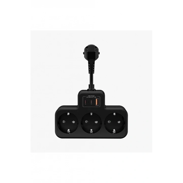 BFS Çoklu Kablolu Priz Yüksek Gerilim Korumalı 3’lü Priz 1x Usb 2x Type-c Çıkışlı Grup Priz Çoğaltıcı Siyah