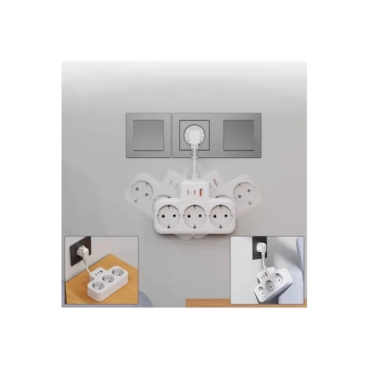 BFS Çoklu Kablolu Priz Yüksek Gerilim Korumalı 3’lü Priz 1x Usb 2x Type-c Çıkışlı Grup Priz Çoğaltıcı Beyaz